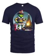 Funny Firefighter Grinch Christmas Tree Graphic T-Shirt - navy t-shirt on white background