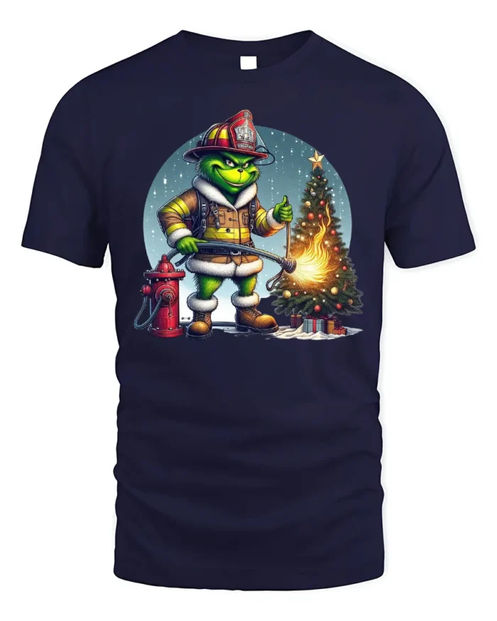 Funny Firefighter Grinch Christmas Tree Graphic T-Shirt - navy t-shirt on white background