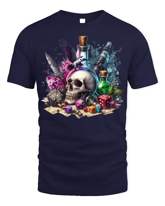 Skull Dice Potion Fantasy Gaming Graphic T-Shirt - navy t-shirt on white background