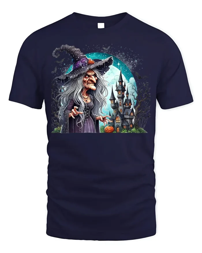 Creepy Witch Haunted Castle Halloween Graphic T-Shirt - navy t-shirt on white background
