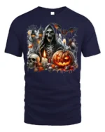 Grim Reaper Pumpkin Skull Halloween Graphic T-Shirt - navy t-shirt on white background
