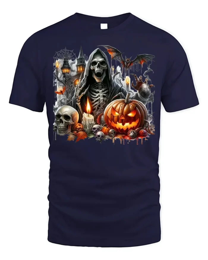 Grim Reaper Pumpkin Skull Halloween Graphic T-Shirt - navy t-shirt on white background