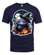 Witch Cauldron Pumpkin Moon Halloween Graphic T-Shirt - navy t-shirt on white background