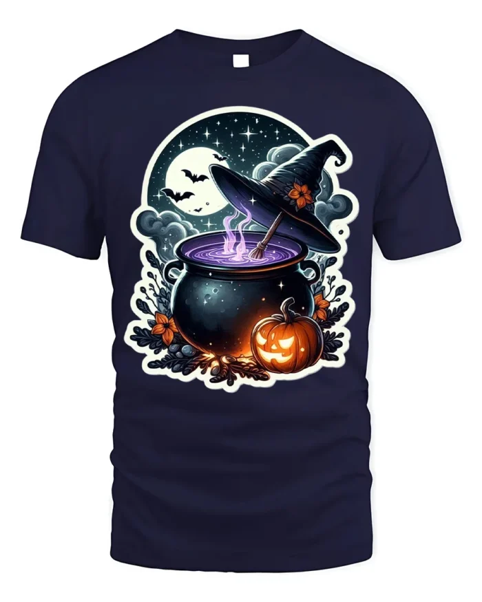 Witch Cauldron Pumpkin Moon Halloween Graphic T-Shirt - navy t-shirt on white background