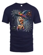 Creepy Witch Spider Web Halloween Graphic T-Shirt - navy t-shirt on white background