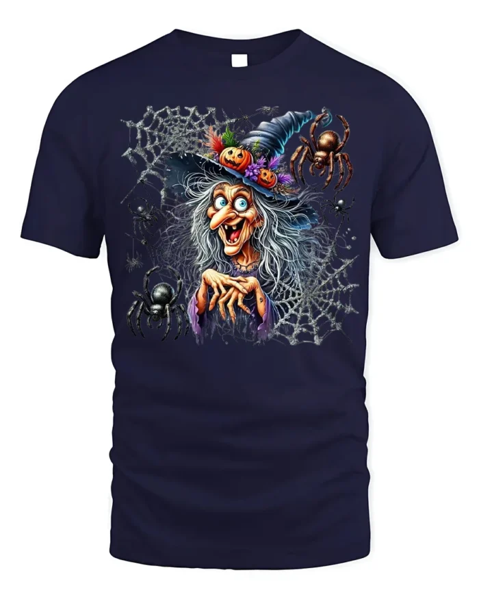 Creepy Witch Spider Web Halloween Graphic T-Shirt - navy t-shirt on white background