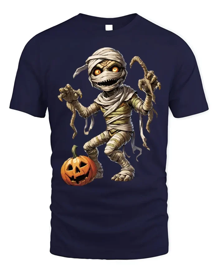 Creepy Mummy Pumpkin Halloween Night Graphic T-Shirt - navy t-shirt on white background