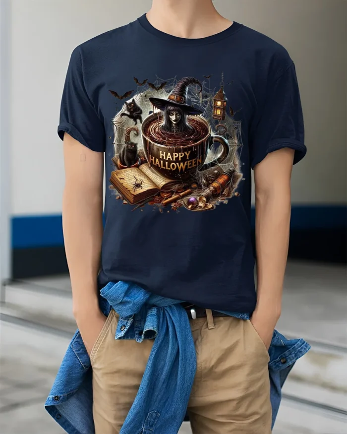 Halloween Witch Coffee Mug Graphic Print T-Shirt - model wearing navy shirt, hands in pockets