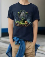 Zombie Grave Tombstone Pumpkin Halloween T-Shirt - model wearing navy shirt, hands in pockets