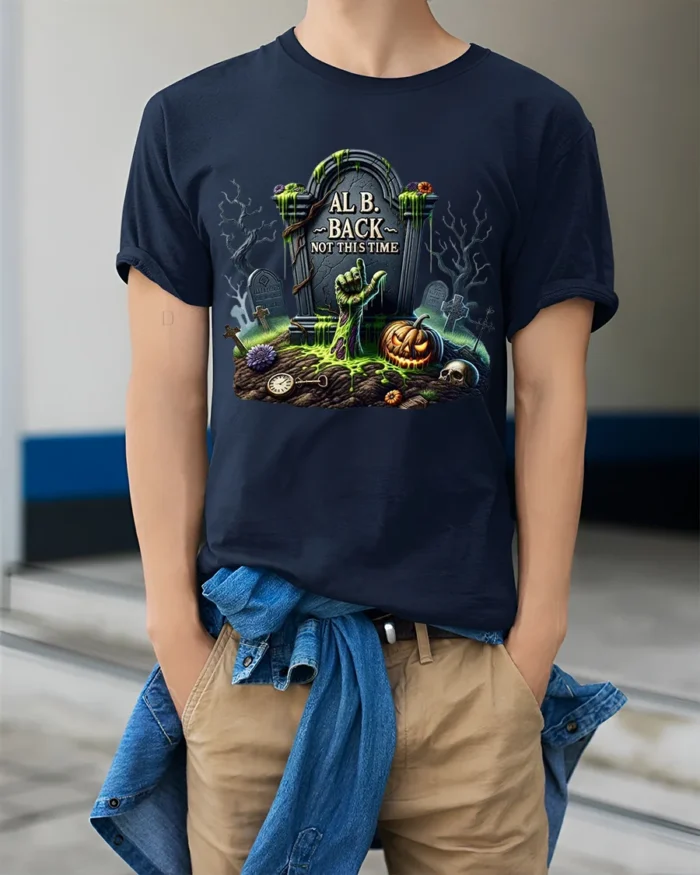 Zombie Grave Tombstone Pumpkin Halloween T-Shirt - model wearing navy shirt, hands in pockets