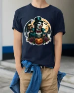 Vampire Skull Pumpkin Gothic Halloween Graphic T-Shirt - model wearing navy shirt, hands in pockets