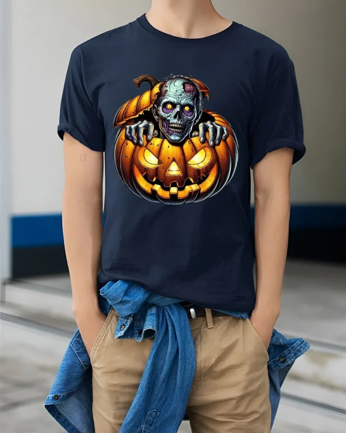 Zombie Creeping Out Pumpkin Halloween Graphic T-Shirt - model wearing navy shirt, hands in pockets