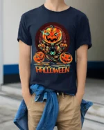 Evil Pumpkin Head Creepy Halloween Graphic T-Shirt - model wearing navy shirt, hands in pockets