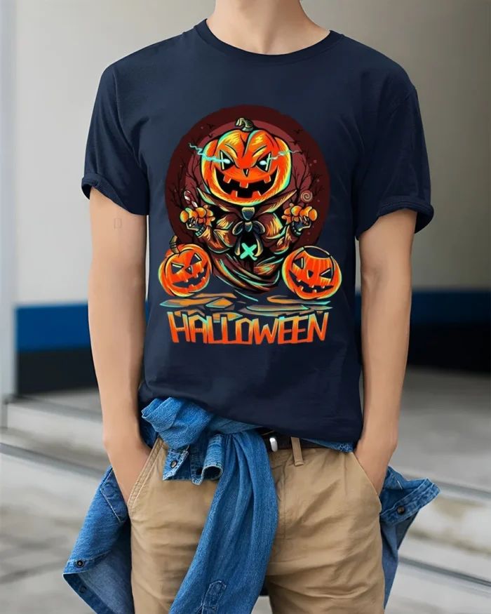 Evil Pumpkin Head Creepy Halloween Graphic T-Shirt - model wearing navy shirt, hands in pockets