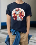 Cool Santa Claus Music Headphones Christmas T-Shirt - model wearing navy shirt, hands in pockets