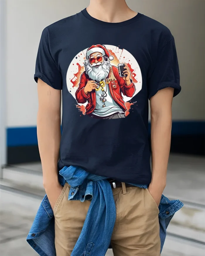 Cool Santa Claus Music Headphones Christmas T-Shirt - model wearing navy shirt, hands in pockets