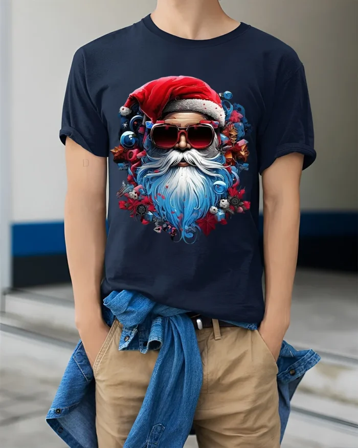 Cool Santa Claus Sunglasses Christmas Graphic T-Shirt - model wearing navy shirt, hands in pockets