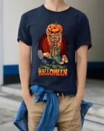 Halloween Skeleton Pumpkin Head Graphic T-Shirt - model wearing navy shirt, hands in pockets