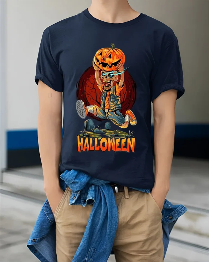 Halloween Skeleton Pumpkin Head Graphic T-Shirt - model wearing navy shirt, hands in pockets