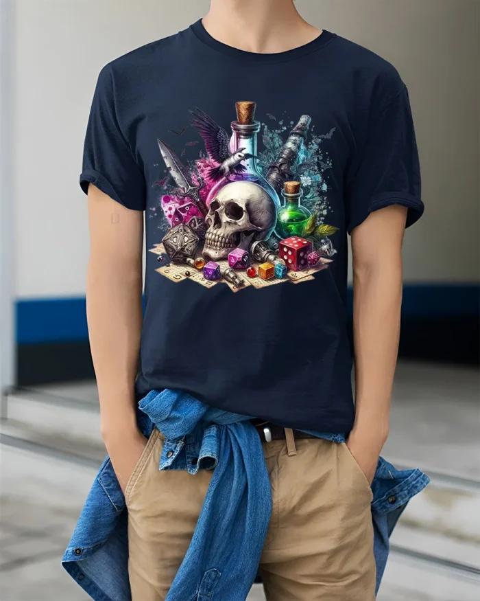 Skull Dice Potion Fantasy Gaming Graphic T-Shirt - model wearing navy shirt, hands in pockets