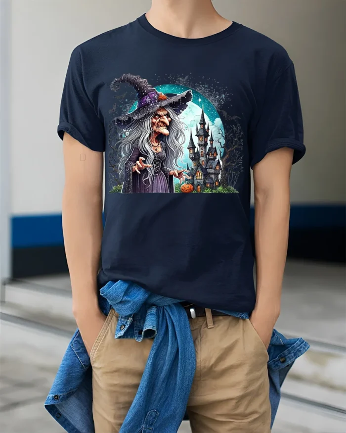 Creepy Witch Haunted Castle Halloween Graphic T-Shirt - model wearing navy shirt, hands in pockets