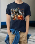 Grim Reaper Pumpkin Skull Halloween Graphic T-Shirt - model wearing navy shirt, hands in pockets