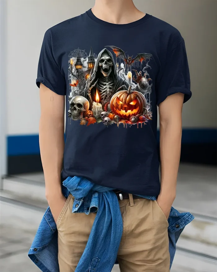 Grim Reaper Pumpkin Skull Halloween Graphic T-Shirt - model wearing navy shirt, hands in pockets