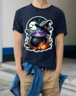 Witch Cauldron Pumpkin Moon Halloween Graphic T-Shirt - model wearing navy shirt, hands in pockets