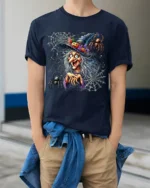 Creepy Witch Spider Web Halloween Graphic T-Shirt - model wearing navy shirt, hands in pockets