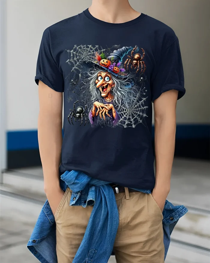 Creepy Witch Spider Web Halloween Graphic T-Shirt - model wearing navy shirt, hands in pockets