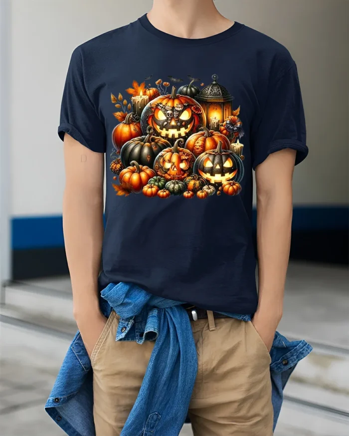 Glowing Pumpkin Jack O Lantern Halloween T-Shirt - model wearing navy shirt, hands in pockets