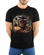 Halloween Witch Coffee Mug Graphic Print T-Shirt - model wearing black shirt, hands behind back