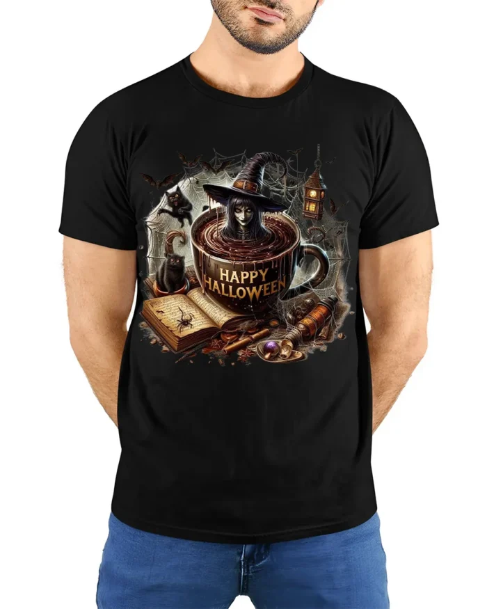 Halloween Witch Coffee Mug Graphic Print T-Shirt - model wearing black shirt, hands behind back
