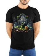 Zombie Grave Tombstone Pumpkin Halloween T-Shirt - model wearing black shirt, hands behind back