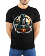 Vampire Skull Pumpkin Gothic Halloween Graphic T-Shirt - model wearing black shirt, hands behind back