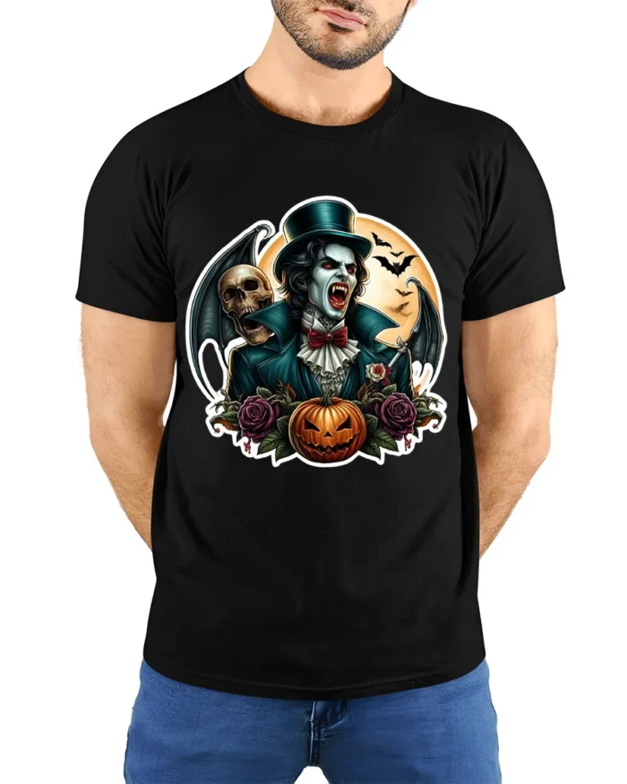 Vampire Skull Pumpkin Gothic Halloween Graphic T-Shirt - model wearing black shirt, hands behind back