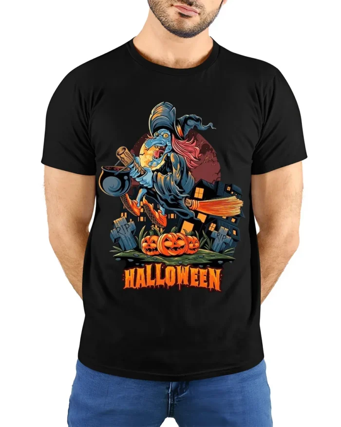 Flying Witch Broomstick Pumpkin Halloween Graphic T-Shirt - model wearing black shirt, hands behind back