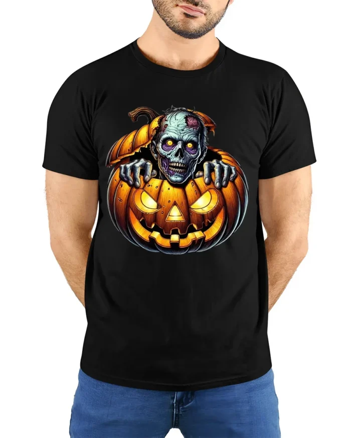 Zombie Creeping Out Pumpkin Halloween Graphic T-Shirt - model wearing black shirt, hands behind back