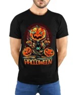 Evil Pumpkin Head Creepy Halloween Graphic T-Shirt - model wearing black shirt, hands behind back