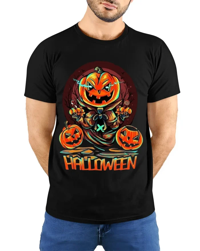 Evil Pumpkin Head Creepy Halloween Graphic T-Shirt - model wearing black shirt, hands behind back