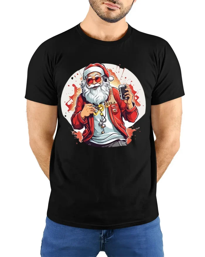 Cool Santa Claus Music Headphones Christmas T-Shirt - model wearing black shirt, hands behind back