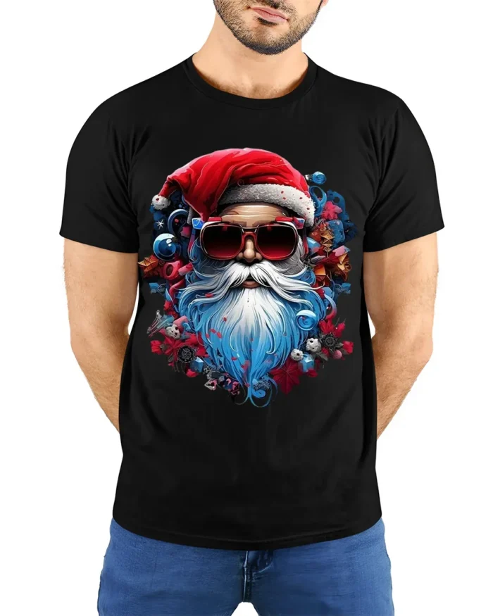 Cool Santa Claus Sunglasses Christmas Graphic T-Shirt - model wearing black shirt, hands behind back
