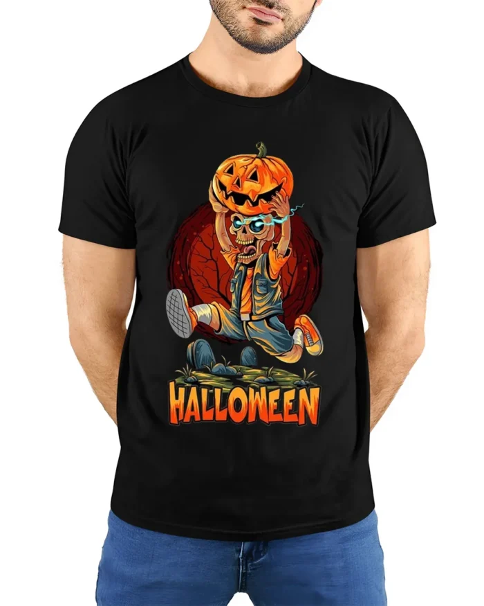 Halloween Skeleton Pumpkin Head Graphic T-Shirt - model wearing black shirt, hands behind back