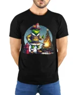 Funny Firefighter Grinch Christmas Tree Graphic T-Shirt - model wearing black shirt, hands behind back