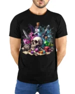 Skull Dice Potion Fantasy Gaming Graphic T-Shirt - model wearing black shirt, hands behind back