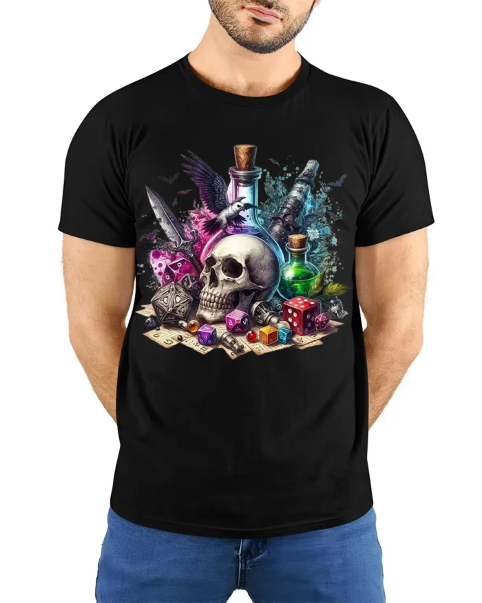 Skull Dice Potion Fantasy Gaming Graphic T-Shirt - model wearing black shirt, hands behind back
