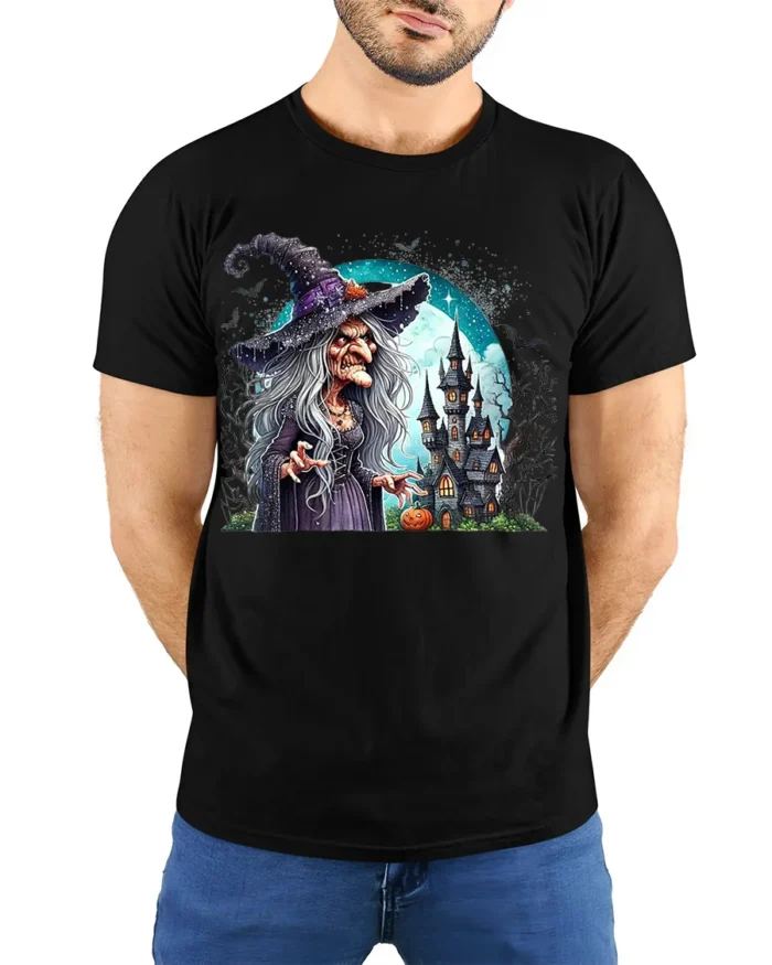 Creepy Witch Haunted Castle Halloween Graphic T-Shirt - model wearing black shirt, hands behind back