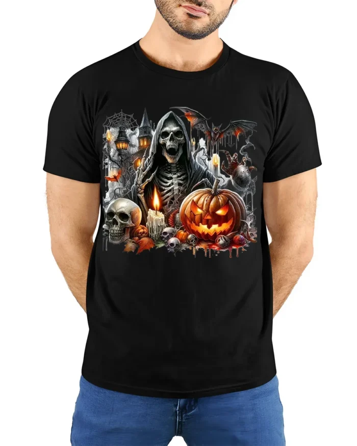 Grim Reaper Pumpkin Skull Halloween Graphic T-Shirt - model wearing black shirt, hands behind back