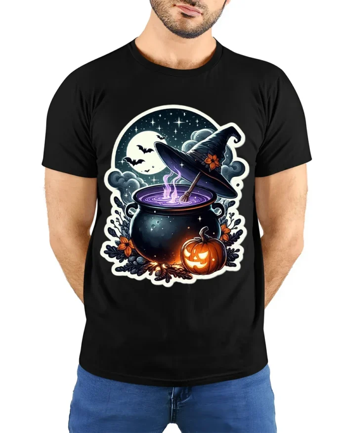 Witch Cauldron Pumpkin Moon Halloween Graphic T-Shirt - model wearing black shirt, hands behind back