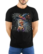 Creepy Witch Spider Web Halloween Graphic T-Shirt - model wearing black shirt, hands behind back